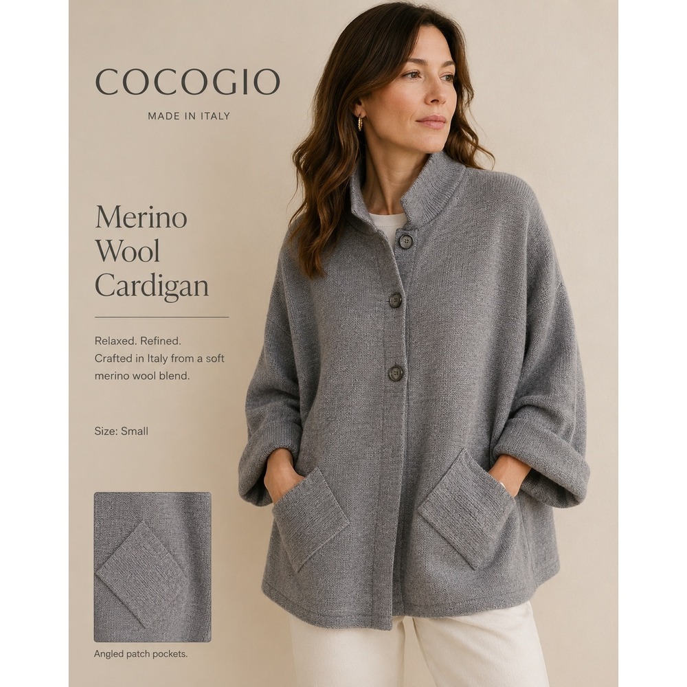 Cocogio Button Front Cardigan Sweater Women Small Grey Merino Wool Made in Italy